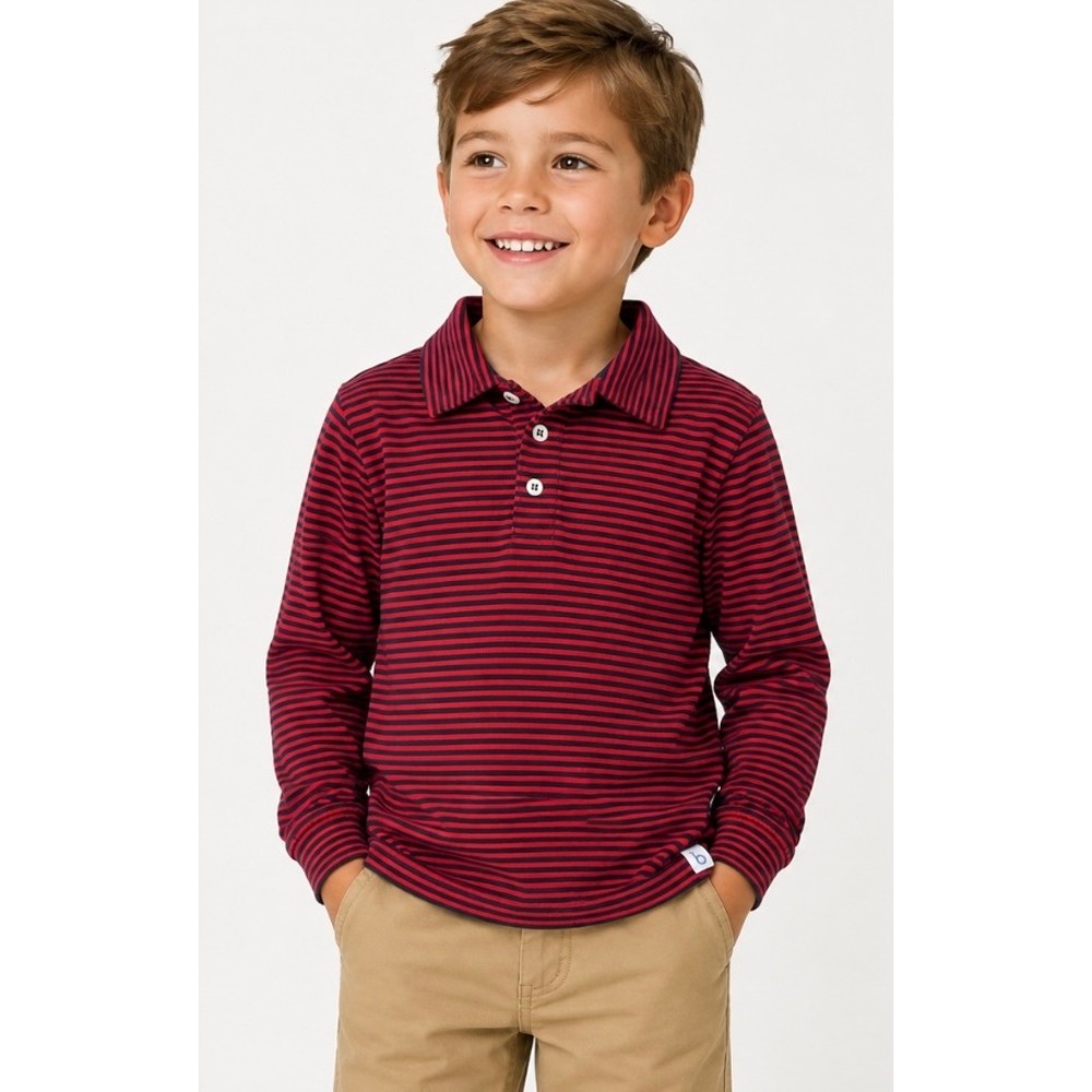 Bella Bliss Boys Red Navy Blue Striped Long Sleeve Polo Shirt Cotton Size 6